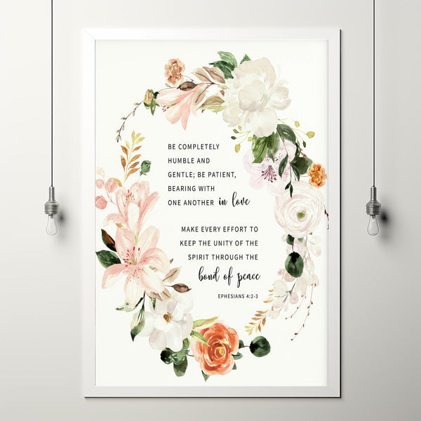 Ephesians 4:2-3 'Be Completely Humble' Floral Wreath Bible Verse Wall Art - Elegant Christian Gift for Inspiration and Unity