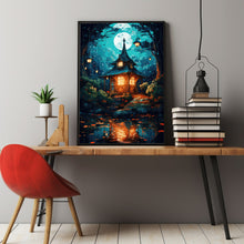 Enchanted Fairy Poster - Whimsical Fairy Wall Art with Small House in Green Tree Grove, Magical Forest Decor for All Ages