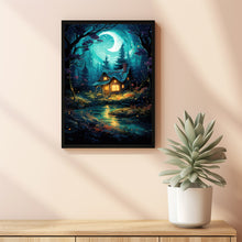 Fairy Tale Style Illustration: Enchanted Fairy Poster - Whimsical Wall Art with Small House in Green Tree Grove, Magical Forest Decor Suitable for All Ages