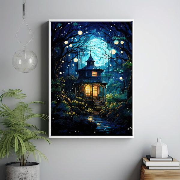Fairy Tale Style Illustration: Enchanted Fairy Poster - Whimsical Wall Art with Small House in Green Tree Grove, Magical Forest Decor Suitable for All Ages