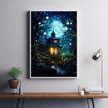 Fairy Tale Style Illustration: Enchanted Fairy Poster - Whimsical Wall Art with Small House in Green Tree Grove, Magical Forest Decor Suitable for All Ages