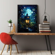 Fairy Tale Style Illustration: Enchanted Fairy Poster - Whimsical Wall Art with Small House in Green Tree Grove, Magical Forest Decor Suitable for All Ages