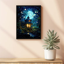 Fairy Tale Style Illustration: Enchanted Fairy Poster - Whimsical Wall Art with Small House in Green Tree Grove, Magical Forest Decor Suitable for All Ages