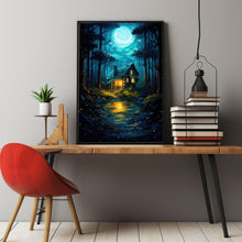 Fairy Tale Style Illustration: Enchanted Fairy Poster - Whimsical Wall Art with Small House in Green Tree Grove, Magical Forest Decor Suitable for All Ages