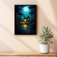 Fairy Tale Style Illustration: Enchanted Fairy Poster - Whimsical Wall Art with Small House in Green Tree Grove, Magical Forest Decor Suitable for All Ages