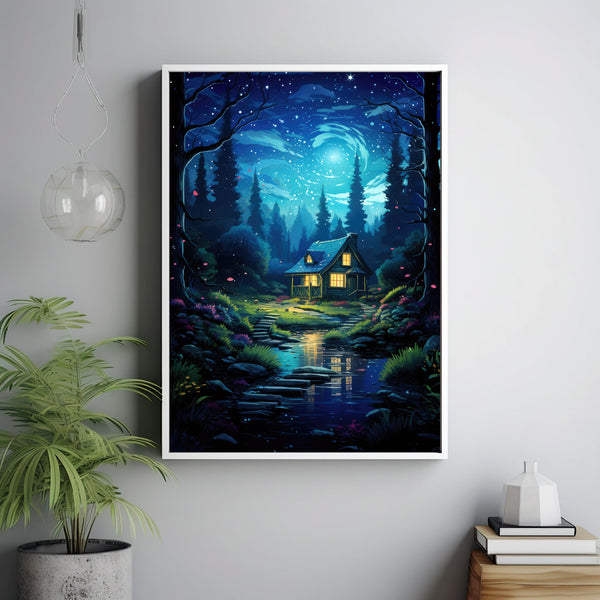 Enchanted Fairy Tale Poster - Whimsical Fairy Wall Art with Charming House in Green Tree Grove, Magical Forest Decor for All Ages