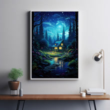 Enchanted Fairy Tale Poster - Whimsical Fairy Wall Art with Charming House in Green Tree Grove, Magical Forest Decor for All Ages