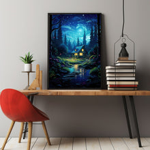 Enchanted Fairy Tale Poster - Whimsical Fairy Wall Art with Charming House in Green Tree Grove, Magical Forest Decor for All Ages