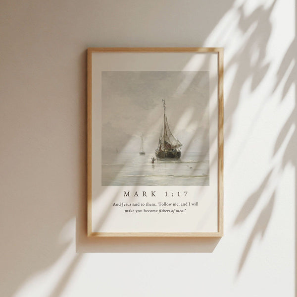 Fishers of Men Poster, Christian Wall Art, Bible Verse Wall Art, Vintage Sailboat Poster Wall Art, Neutral Coastal Aesthetic 1504804680