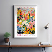 Flower Market Belfast Print, Retro Flower Market, Botanical Art, Yellow Flowers, Pink Peony, Orange Tulips, USA Art, England Art, Dandelion