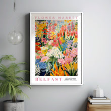 Flower Market Belfast Print, Retro Flower Market, Botanical Art, Yellow Flowers, Pink Peony, Orange Tulips, USA Art, England Art, Dandelion