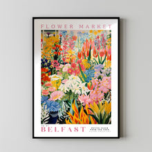 Flower Market Belfast Print, Retro Flower Market, Botanical Art, Yellow Flowers, Pink Peony, Orange Tulips, USA Art, England Art, Dandelion
