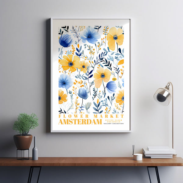 Flower Market Poster Amsterdam Travel Art Botanical Wall Art Floral Illustration Nursery Kids Wall Art Blue Orchid Wall Decor Yellow Poppies