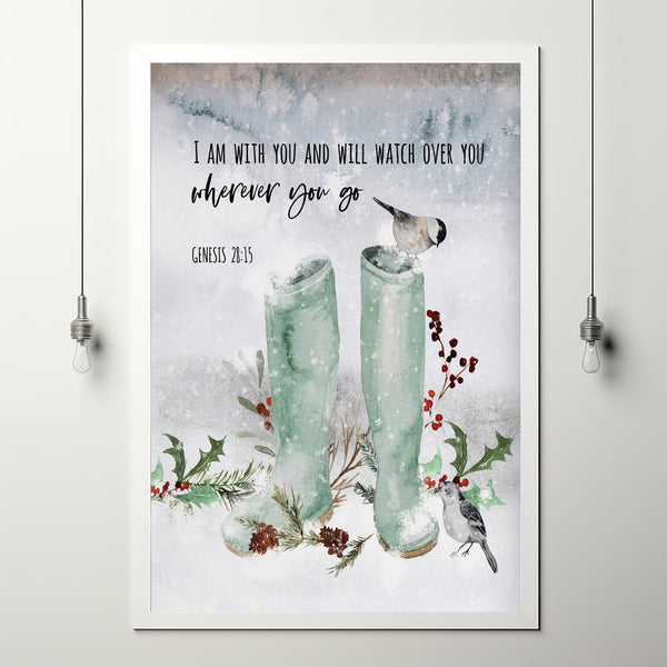 Genesis 28:15 'Wherever You Go' Winter Scripture Poster - Inspirational Bible Verse Wall Art for Guidance and Comfort