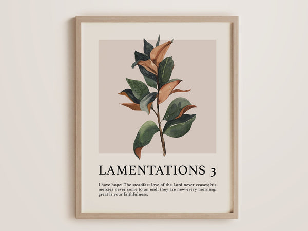 His Love Never Ceases, Bible Verse Poster, Christian Wall Art - Great is Your Faithfulness, Magnolia Leaf, Pink Accents (Physical Poster) 1585448092
