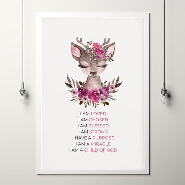 I am a Child of God Christian Poster Affirmations Wall Art, Boho Floral Christian Nursery Decor Poster with Woodland Deer