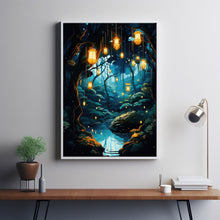 Illuminated Forest Lantern Wall Art - Enchanting Mystical Magical Forest Painting Poster, Dreamy Nature-Inspired Decor