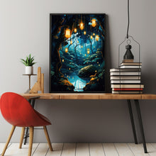 Illuminated Forest Lantern Wall Art - Enchanting Mystical Magical Forest Painting Poster, Dreamy Nature-Inspired Decor