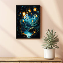 Illuminated Forest Lantern Wall Art - Enchanting Mystical Magical Forest Painting Poster, Dreamy Nature-Inspired Decor