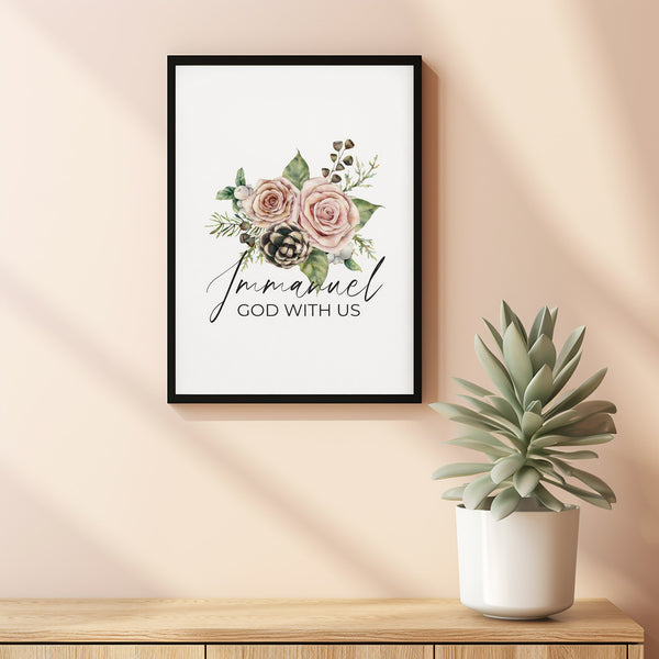 Immanuel God With Us Christian Christmas Scripture Poster Wall Art, Watercolor Holiday Floral Bible Verse Christmas Decor Poster