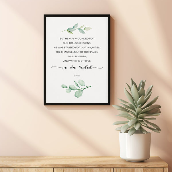 Isaiah 535 KJV With His Stripes We are Healed Easter Bible Verse Wall Art with Watercolor Greenery, Lent Scripture Print Poster