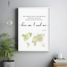 Isaiah 6:8 'Here Am I' Bible Verse Wall Art with World Map - Inspirational Global Mission Scripture Art