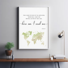 Isaiah 6:8 'Here Am I' Bible Verse Wall Art with World Map - Inspirational Global Mission Scripture Art