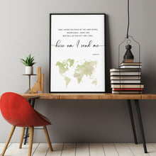 Isaiah 6:8 'Here Am I' Bible Verse Wall Art with World Map - Inspirational Global Mission Scripture Art