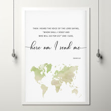 Isaiah 6:8 'Here Am I' Bible Verse Wall Art with World Map - Inspirational Global Mission Scripture Art