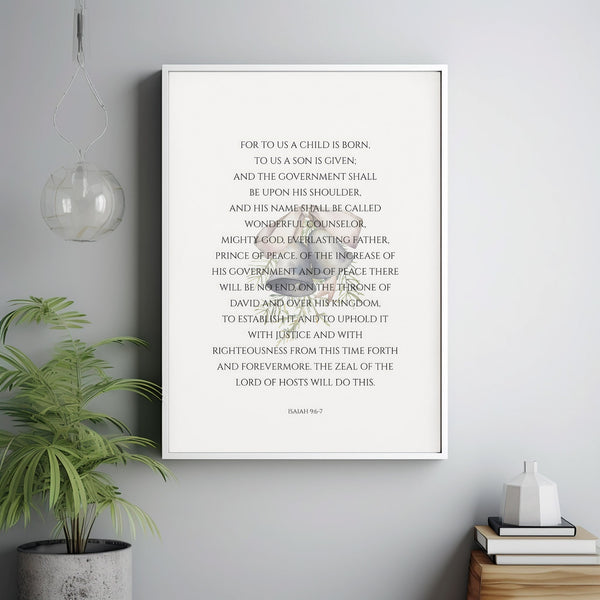 Isaiah 967 For To Us a Child is Born Floral Christian Christmas Scripture Wall Art Poster Decor with Watercolor Winter Greenery