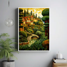 Italian Garden Landscape Poster in Gustav Klimt Style - Elegant Art Nouveau Wall Art, Vibrant Garden Scene Decor