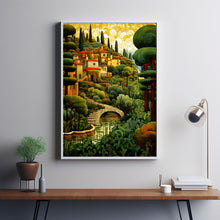 Italian Garden Landscape Poster in Gustav Klimt Style - Elegant Art Nouveau Wall Art, Vibrant Garden Scene Decor