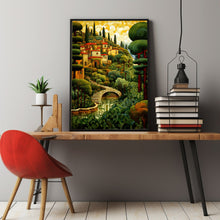 Italian Garden Landscape Poster in Gustav Klimt Style - Elegant Art Nouveau Wall Art, Vibrant Garden Scene Decor