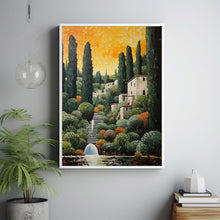 Italian Garden Landscape Poster in Gustav Klimt Style - Elegant Art Nouveau Wall Art, Vibrant Garden Scene for Home Decor