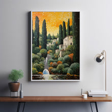 Italian Garden Landscape Poster in Gustav Klimt Style - Elegant Art Nouveau Wall Art, Vibrant Garden Scene for Home Decor