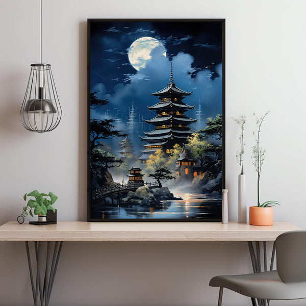 Japanese Tiered Building with Full Moon and Mt. Fuji Poster - Exquisite Japanese Wall Art | Perfect Gift Art Poster