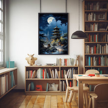 Japanese Tiered Building with Full Moon and Mt. Fuji Poster - Exquisite Japanese Wall Art | Perfect Gift Art Poster