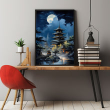 Japanese Tiered Building with Full Moon and Mt. Fuji Poster - Exquisite Japanese Wall Art | Perfect Gift Art Poster