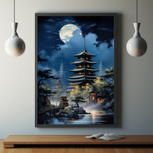 Japanese Tiered Building with Full Moon and Mt. Fuji Poster - Exquisite Japanese Wall Art | Perfect Gift Art Poster