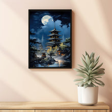 Japanese Tiered Building with Full Moon and Mt. Fuji Poster - Exquisite Japanese Wall Art | Perfect Gift Art Poster