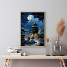 Japanese Tiered Building with Full Moon and Mt. Fuji Poster - Exquisite Japanese Wall Art | Perfect Gift Art Poster