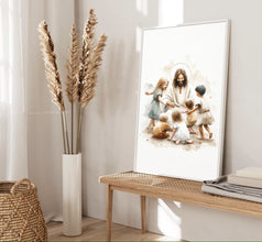 Jesus Playing with Children Watercolor Wall Art Poster Kids Bible Art Scene Modern Boho Christian Scripture Gift Canvas Print Easter Print 1660664112