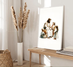 Jesus Teaching Children Watercolor Wall Art Poster Minimal Modern Holy Bible Scene Boho Christian Scripture Gift Canvas Print Easter Print 1674635913