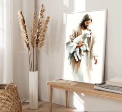 Jesus With the Lamb Canvas Wall Art Poster Holy Bible Art Birthday Gift Watercolor Boho Christian Print Trendy Living Room Home Decor Frame 1642109676