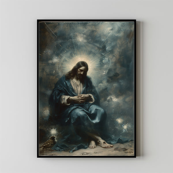 Jesus and a sparrow Muted Watercolor Poster, Christian Painting, Modern Christian Art, Bible Verse Wall Art, Jesus Painting