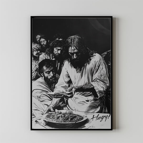 Jesus feeding the 5000 with the text Hungry Poster