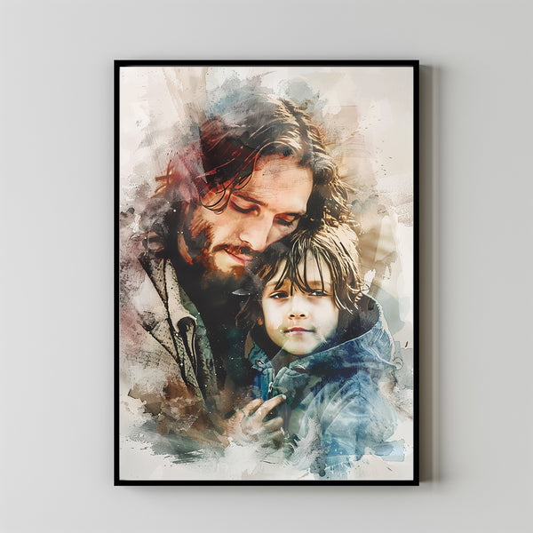 Watercolor Painting of Jesus Holding a Boy, Christ's Embrace Print, Christian Nursery Decor, Lds Baptism Gift for Boy, Bible Wall Art