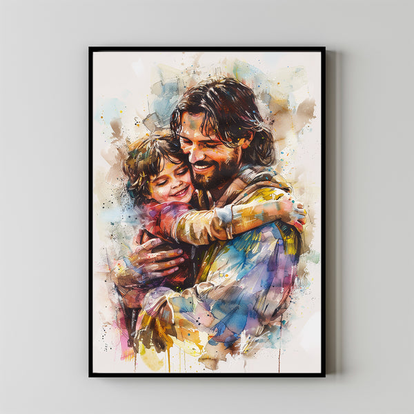 Watercolor Painting of Jesus Holding a Boy, Christ's Embrace Print, Christian Nursery Decor, Lds Baptism Gift for Boy, Bible Wall Art 1