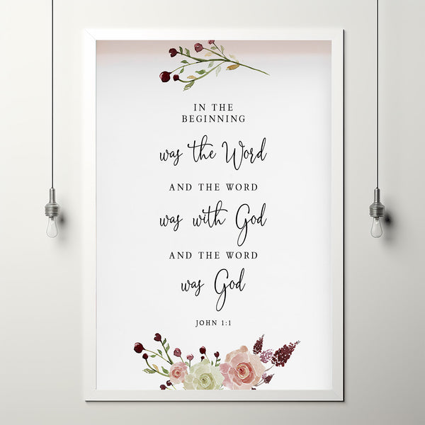John 1:1 'The Word Was God' Floral Bible Verse Wall Art - Elegant Christian Gift for Inspiration and Faith