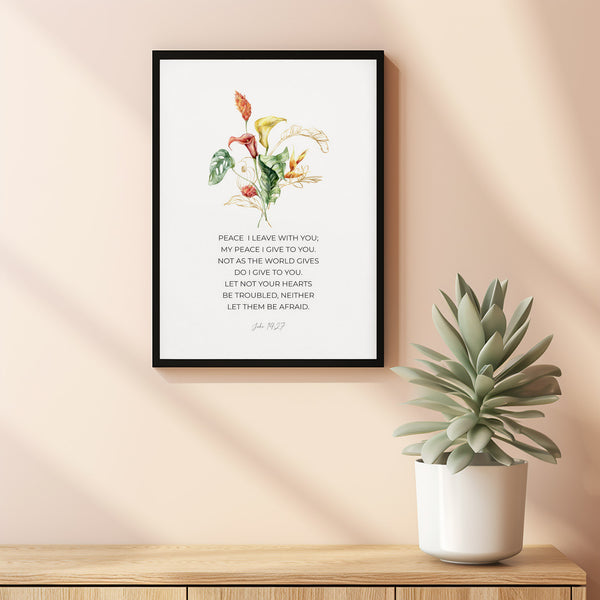 John 1427 Floral Bible Verse Wall Art Poster with Watercolor Tropical Flowers, Christian Easter Scripture Wall Art, Jesus Easter Quote